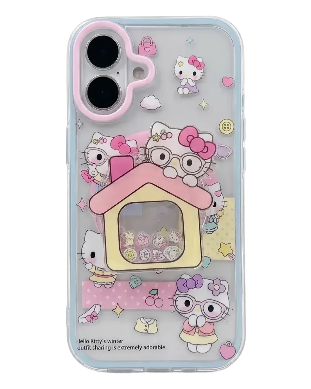 A clear phone case with Hello Kitty designs and a pink magnetic stand, shown on a wooden tray with a beaded strap.