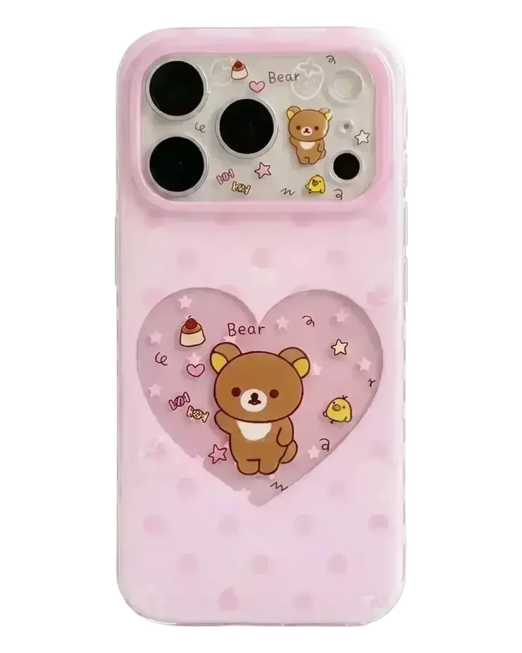 Pink polka dot phone case with a heart-shaped window featuring a Rilakkuma bear design