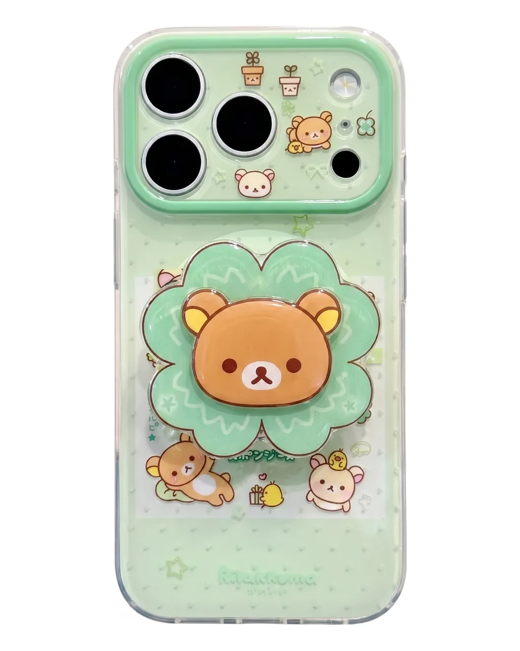 Clear mint phone case with Rilakkuma bears and a spinning 3D flower grip