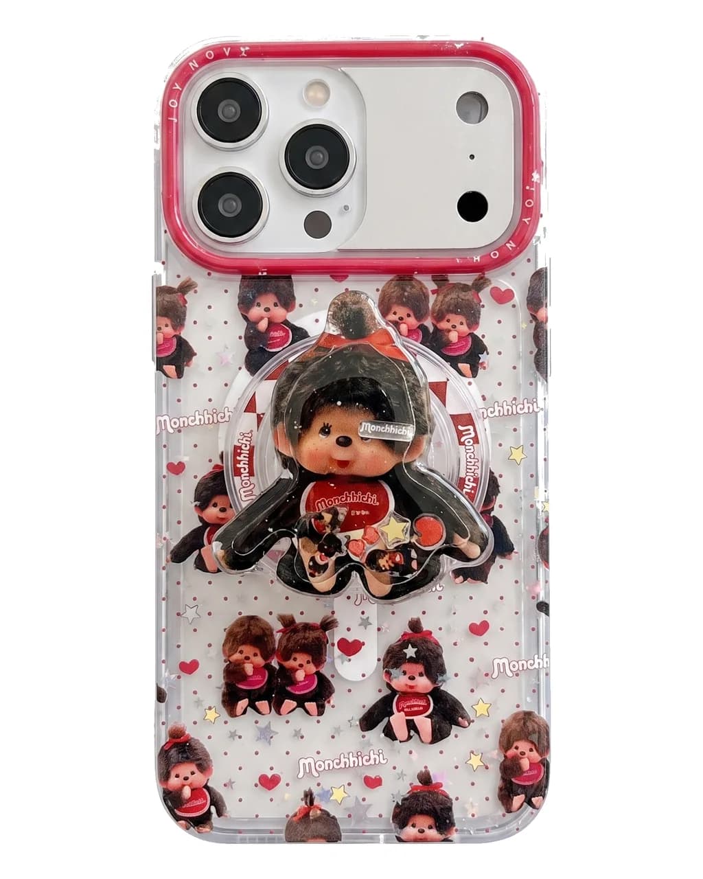 Monchhichi Clear Glitter iPhone 17 16 15 14 13 Pro Max Phone Case with Ring Stand — MagSafe