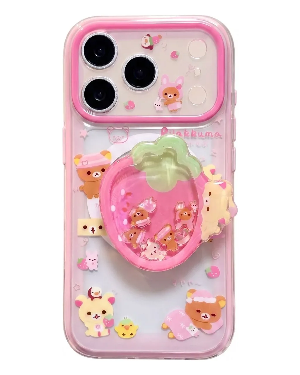 Clear pink phone case with Rilakkuma stickers and a 3D strawberry charm