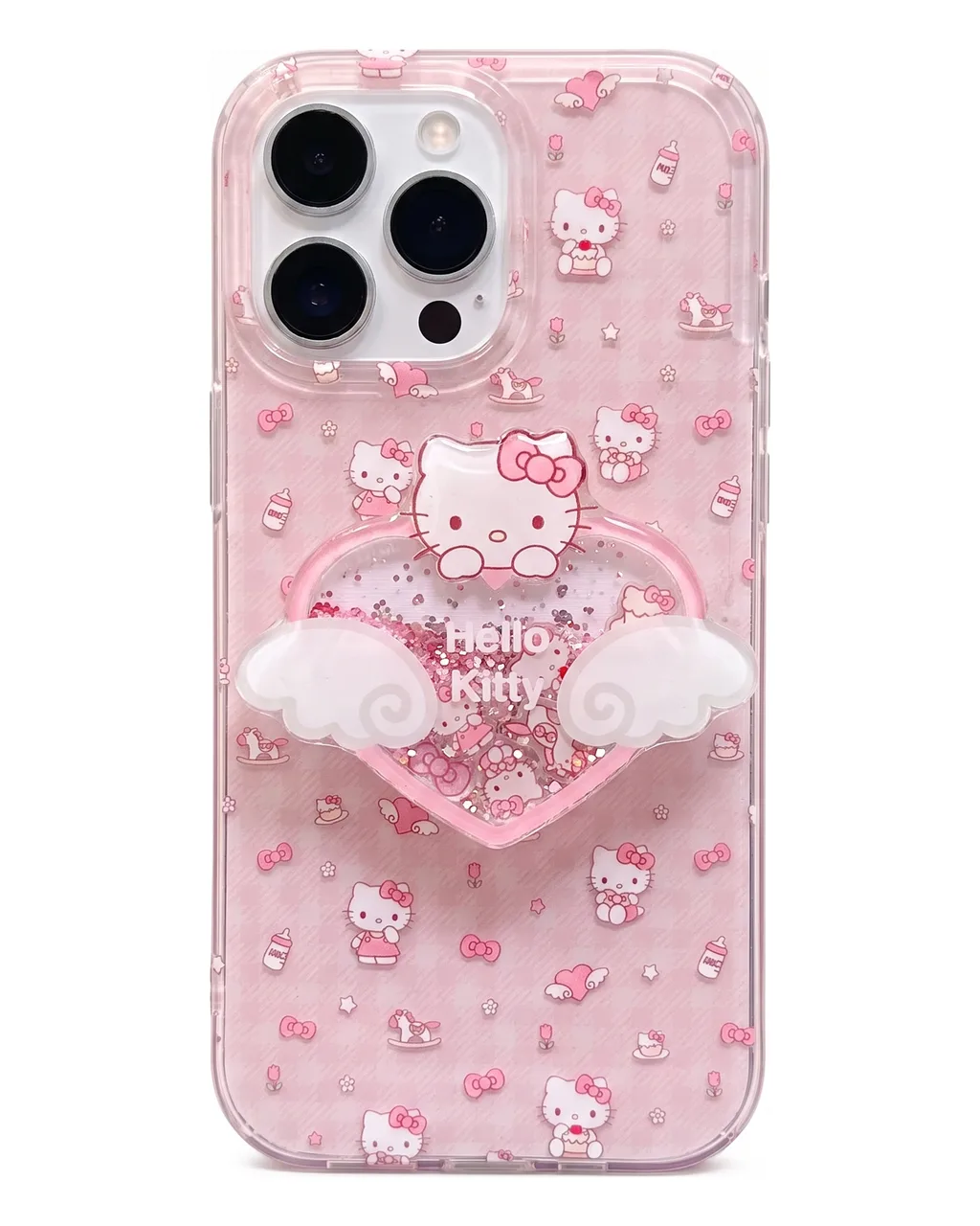 Clear pink Hello Kitty phone case with small character prints and a raised winged heart decoration
