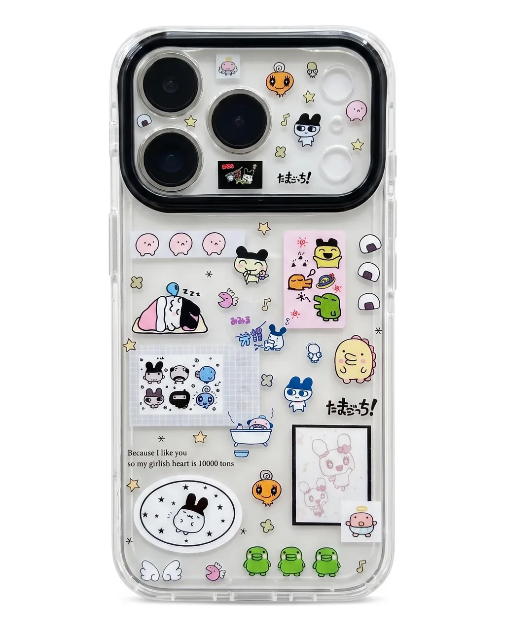 A hand holding a clear phone case with a Tamagotchi collage design, featuring various cute characters and a beaded strap.