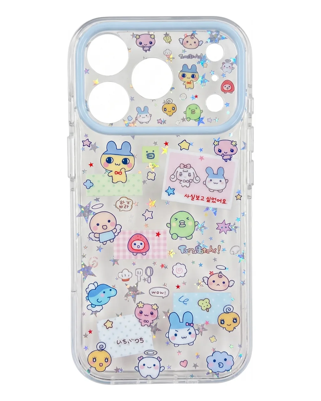 Clear phone case with Tamagotchi characters, glitter, and a beaded strap with star charms.