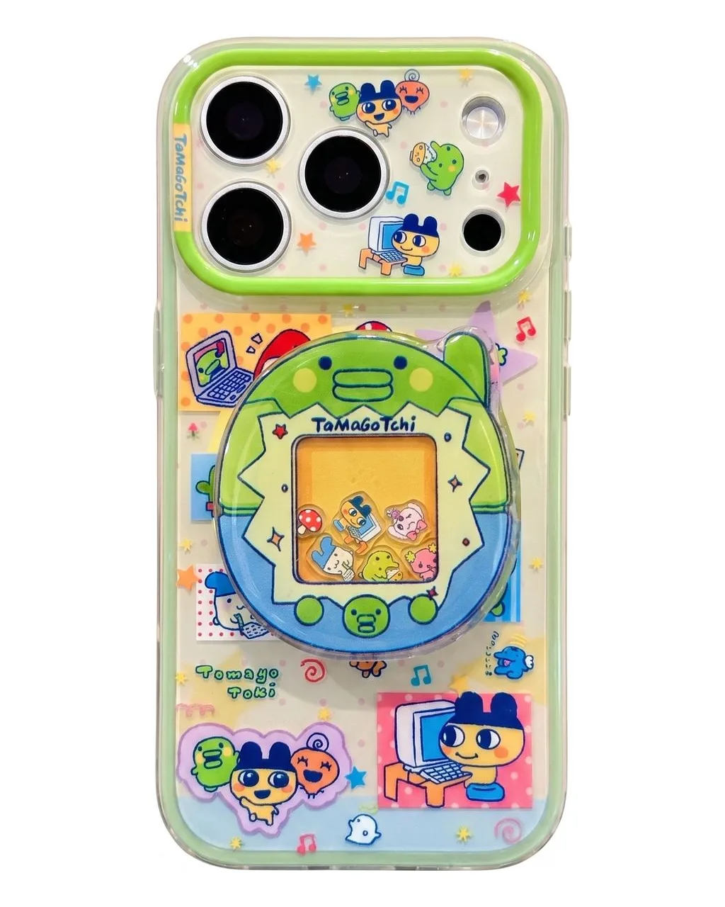 Clear phone case with green trim and colorful Tamagotchi-style character graphics