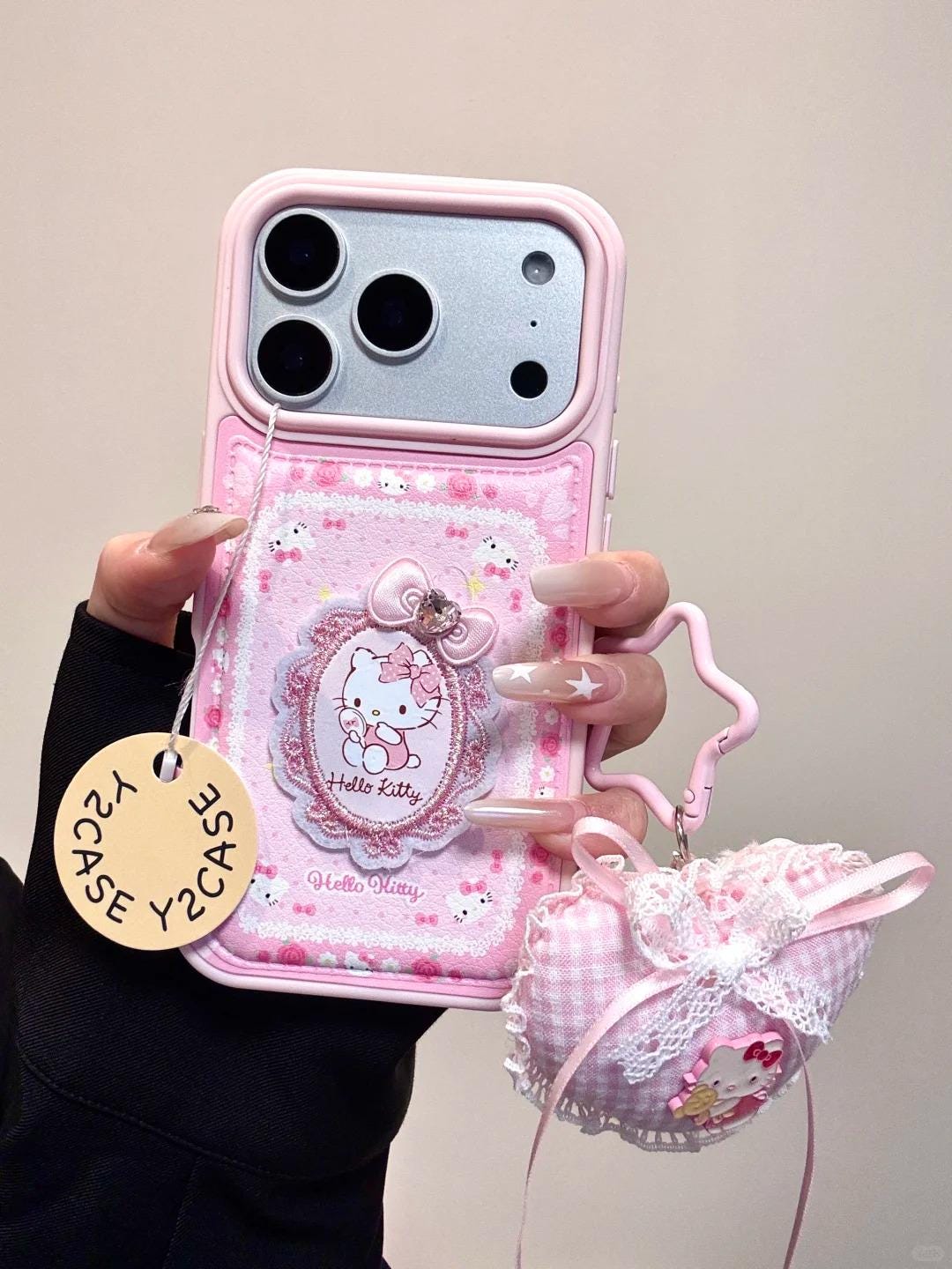 Hello Kitty Coquette Embroidery Case w/ Plush Heart Charm, Vintage Lace Cover iPhone 17 16 15 14 Pro Max, Hime Gyaru Pink Rococo Gift