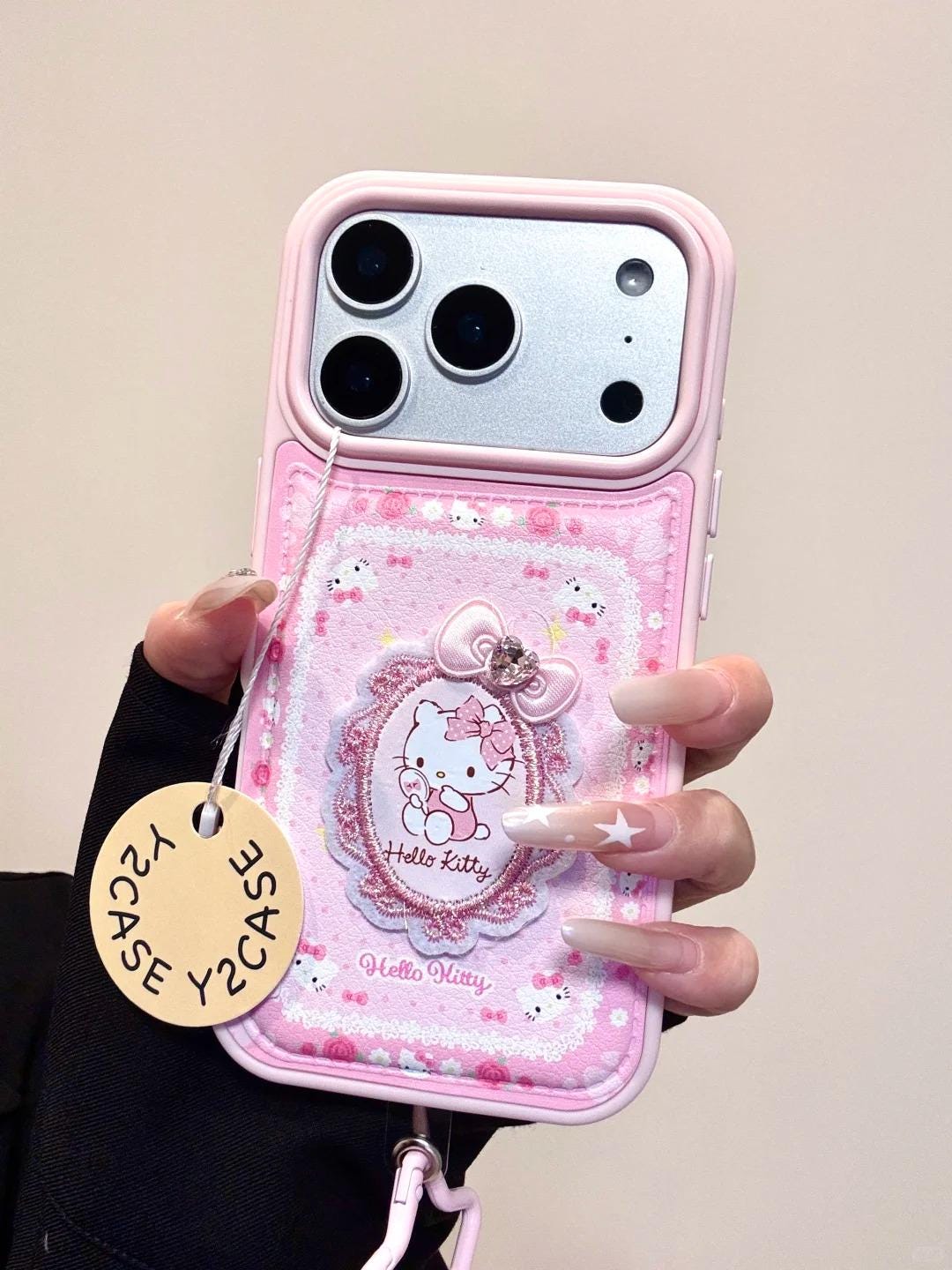 Hello Kitty Coquette Embroidery Case w/ Plush Heart Charm, Vintage Lace Cover iPhone 17 16 15 14 Pro Max, Hime Gyaru Pink Rococo Gift