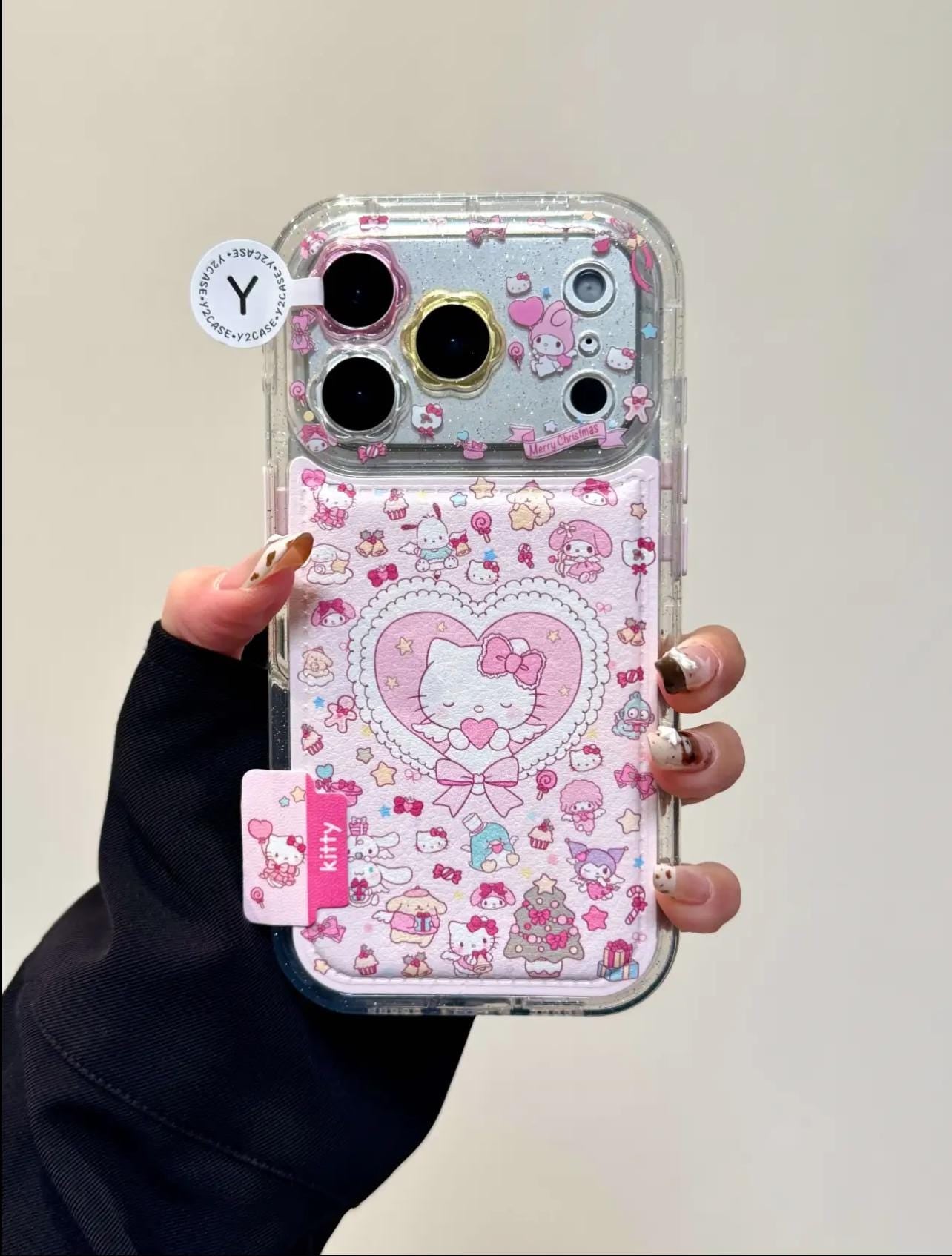 Hello Kitty Christmas Wallet Case with Charm, Pink Holiday Card Holder Cover iPhone 17 16 15 14 Pro Max, Cute Kawaii Sanrio Winter Gift