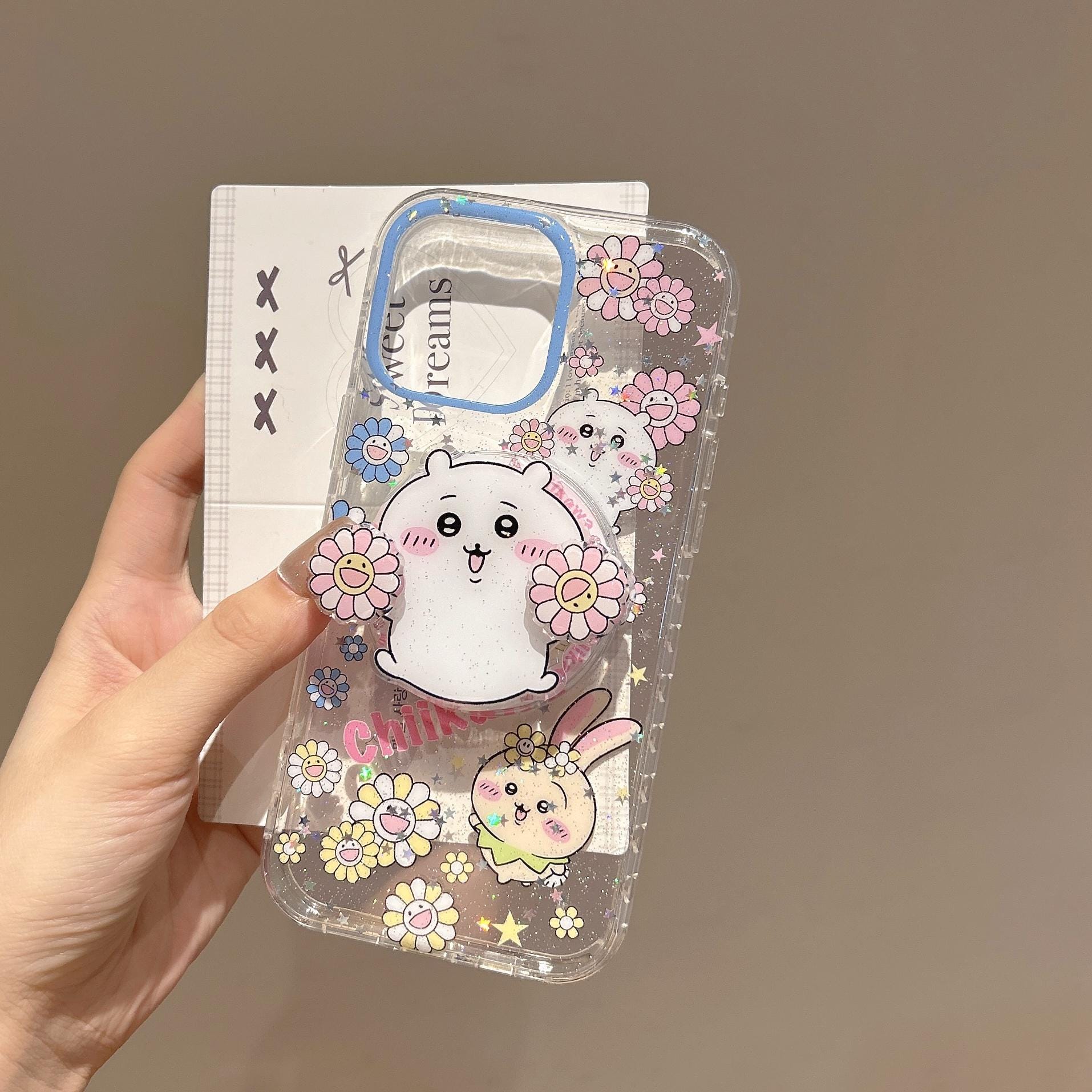 Chiikawa MagSafe Case iPhone 17 16 15 14 Pro Max Glitter Cover Usagi Anime Phone Grip Beaded Charm Cute Flower Kawaii Gift for Her