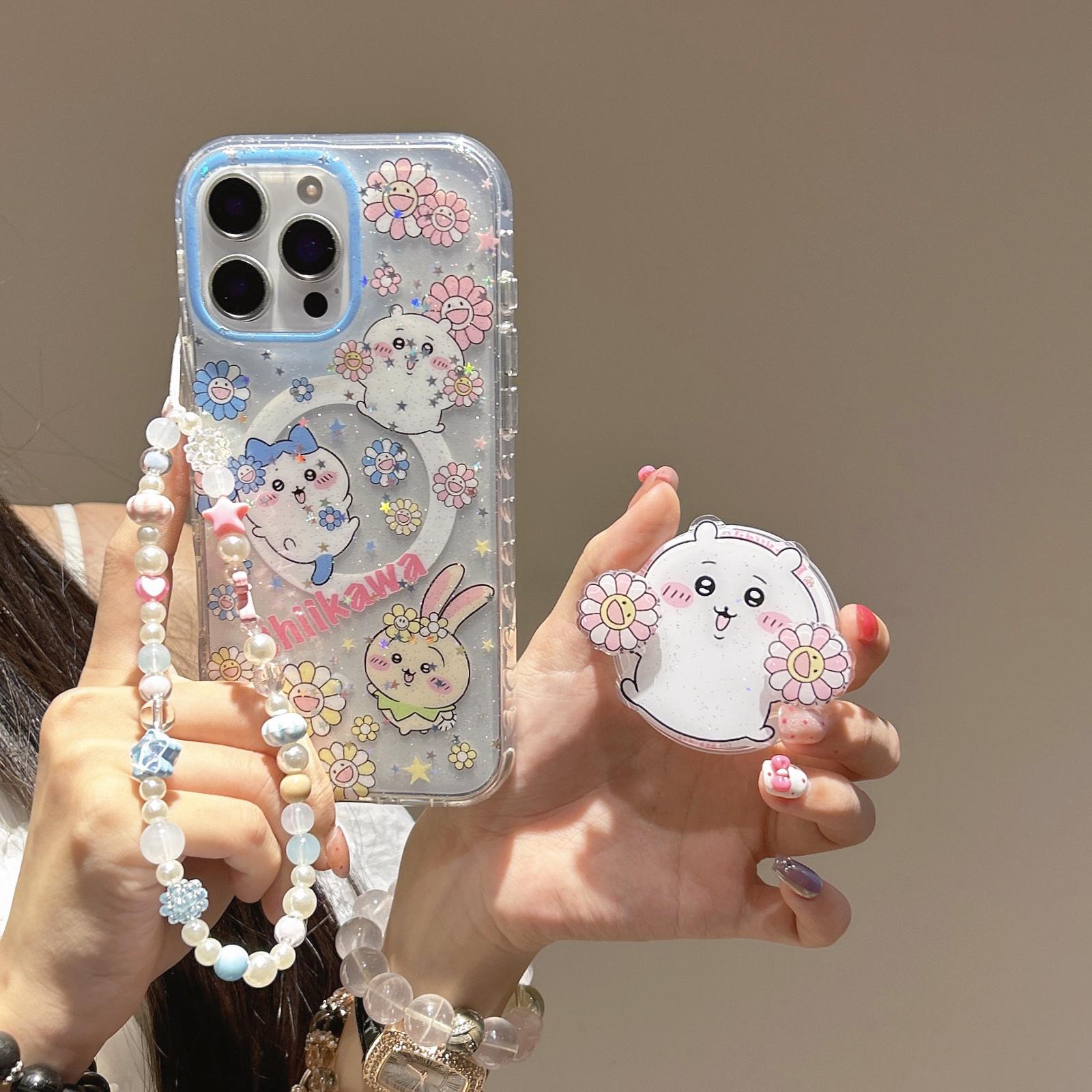 Chiikawa MagSafe Case iPhone 17 16 15 14 Pro Max Glitter Cover Usagi Anime Phone Grip Beaded Charm Cute Flower Kawaii Gift for Her