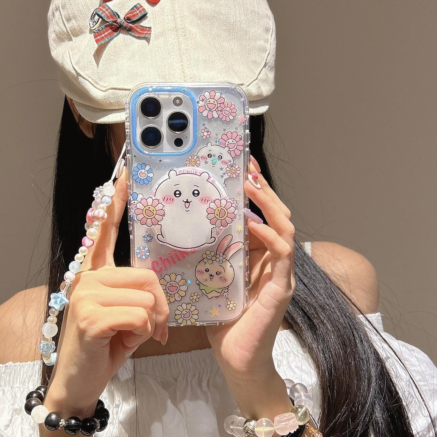 Chiikawa MagSafe Case iPhone 17 16 15 14 Pro Max Glitter Cover Usagi Anime Phone Grip Beaded Charm Cute Flower Kawaii Gift for Her
