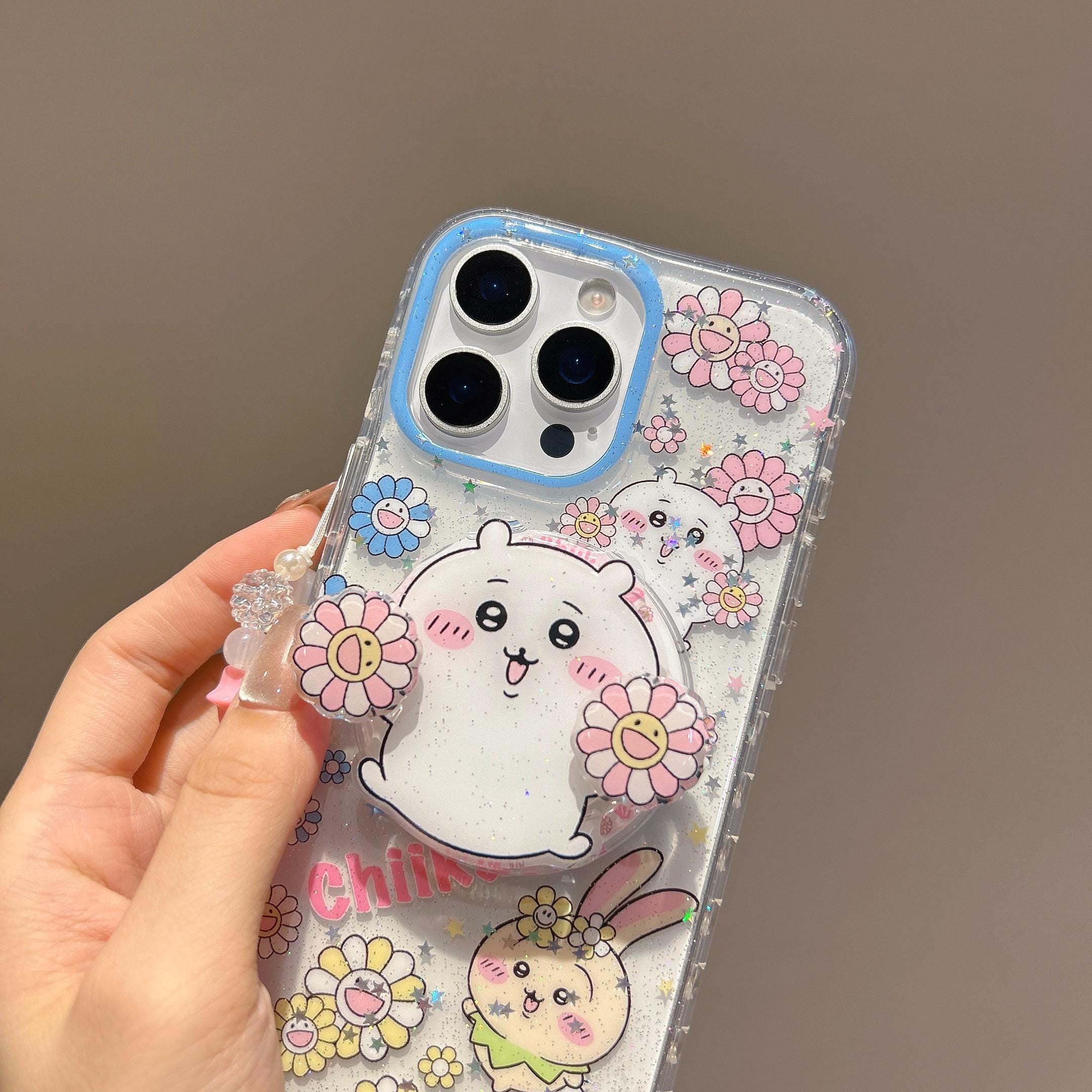 Chiikawa MagSafe Case iPhone 17 16 15 14 Pro Max Glitter Cover Usagi Anime Phone Grip Beaded Charm Cute Flower Kawaii Gift for Her
