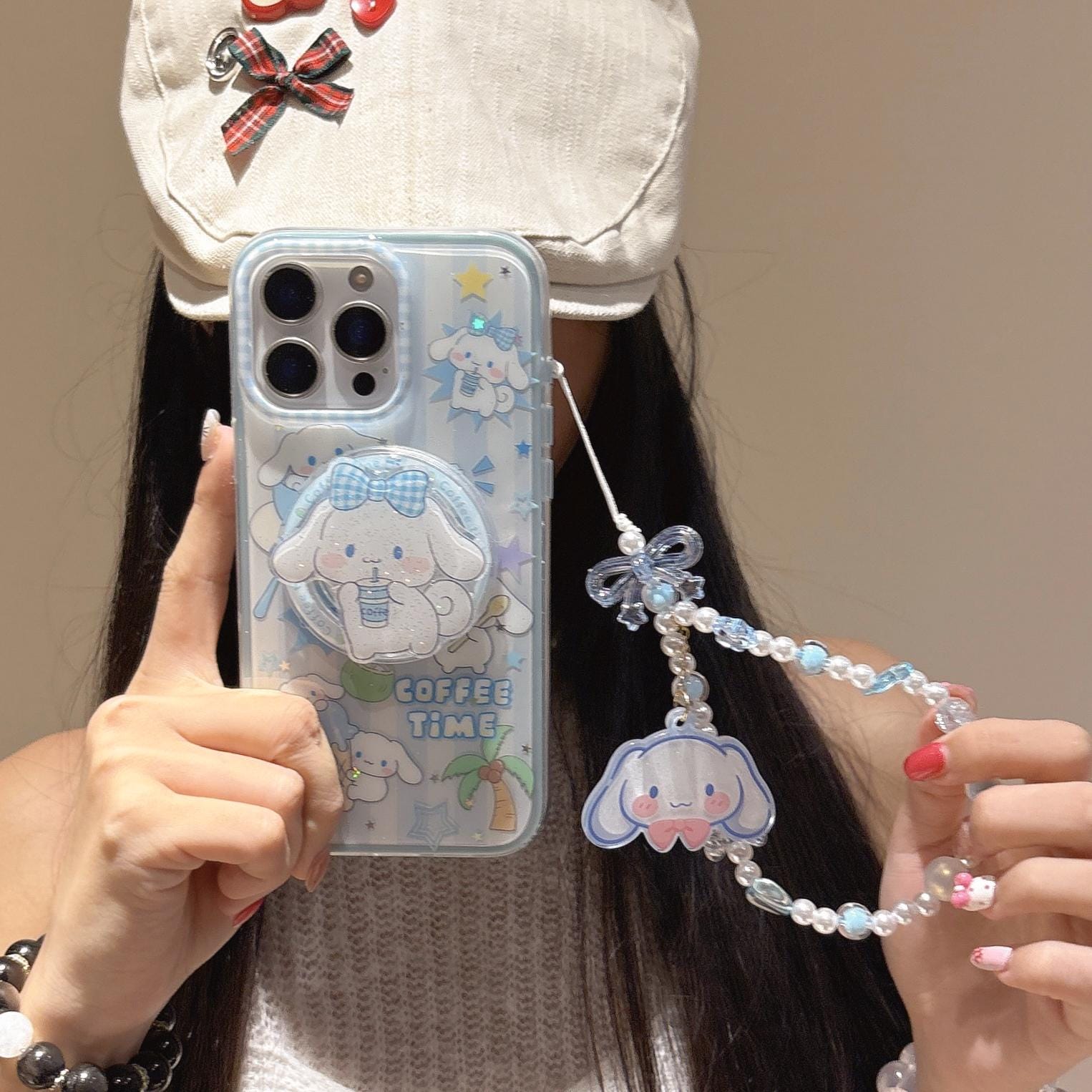 Cinnamoroll MagSafe Case iPhone 17 16 15 14 Pro Max Blue Gingham Cover Magnetic Grip Pearl Charm Kawaii Sanrio Anime Gift for Her