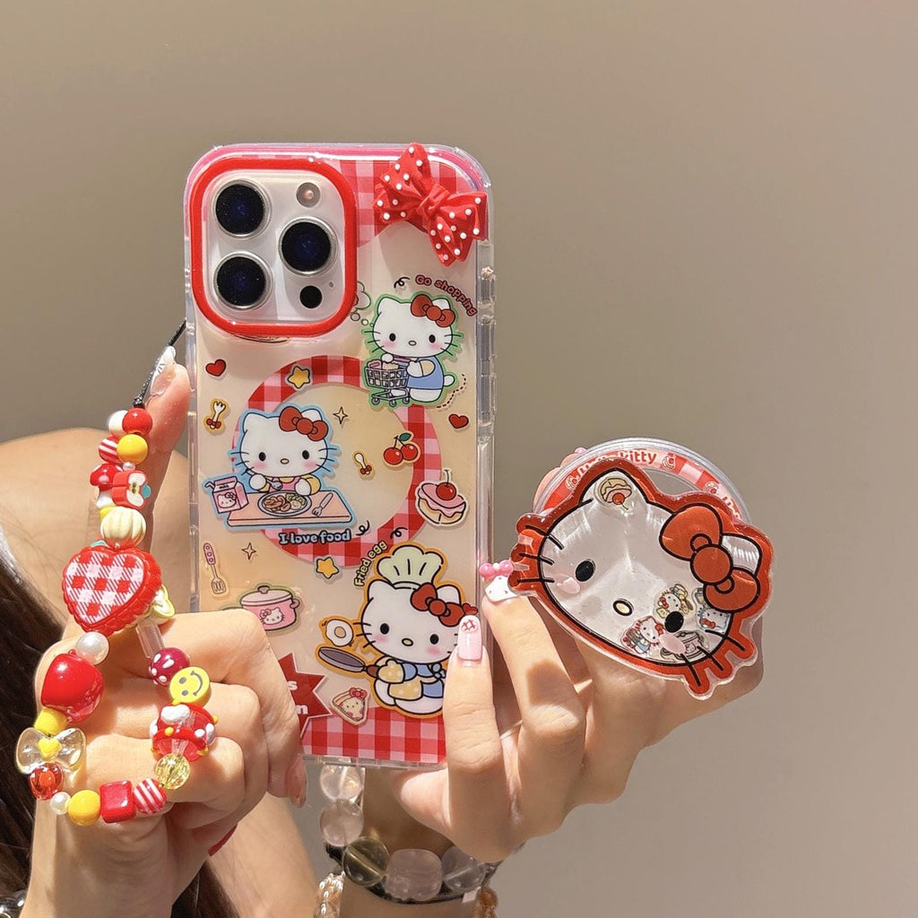Hello Kitty Kitchen MagSafe Case iPhone 17 16 15 14 Pro Max Red Gingham Cover Magnetic Shaker Grip Beaded Charm Cute Sanrio Gift for Her