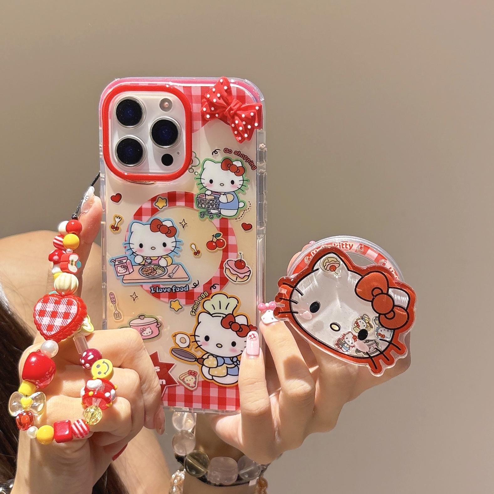 Hello Kitty Kitchen MagSafe Case iPhone 17 16 15 14 Pro Max Red Gingham Cover Magnetic Shaker Grip Beaded Charm Cute Sanrio Gift for Her
