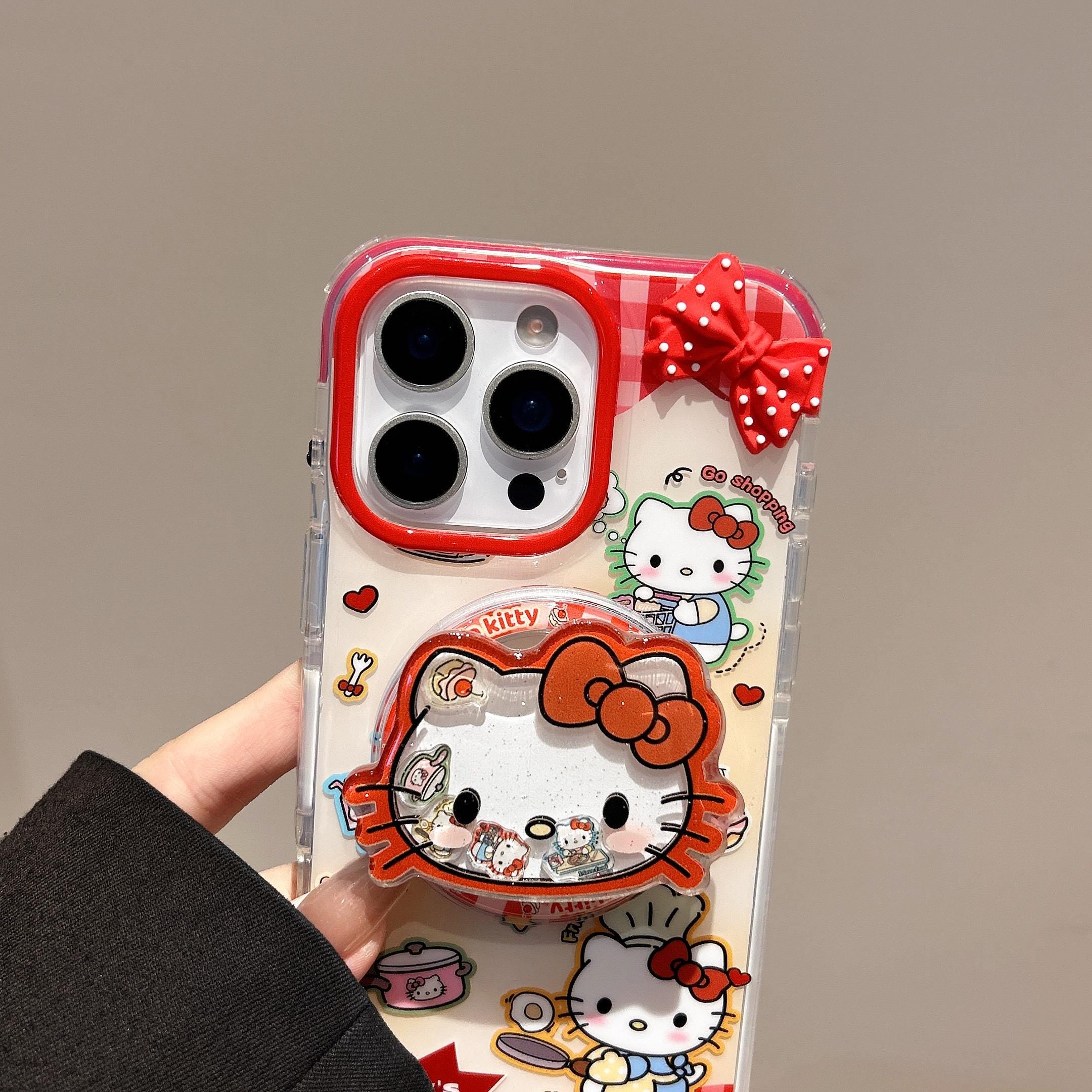 Hello Kitty Kitchen MagSafe Case iPhone 17 16 15 14 Pro Max Red Gingham Cover Magnetic Shaker Grip Beaded Charm Cute Sanrio Gift for Her