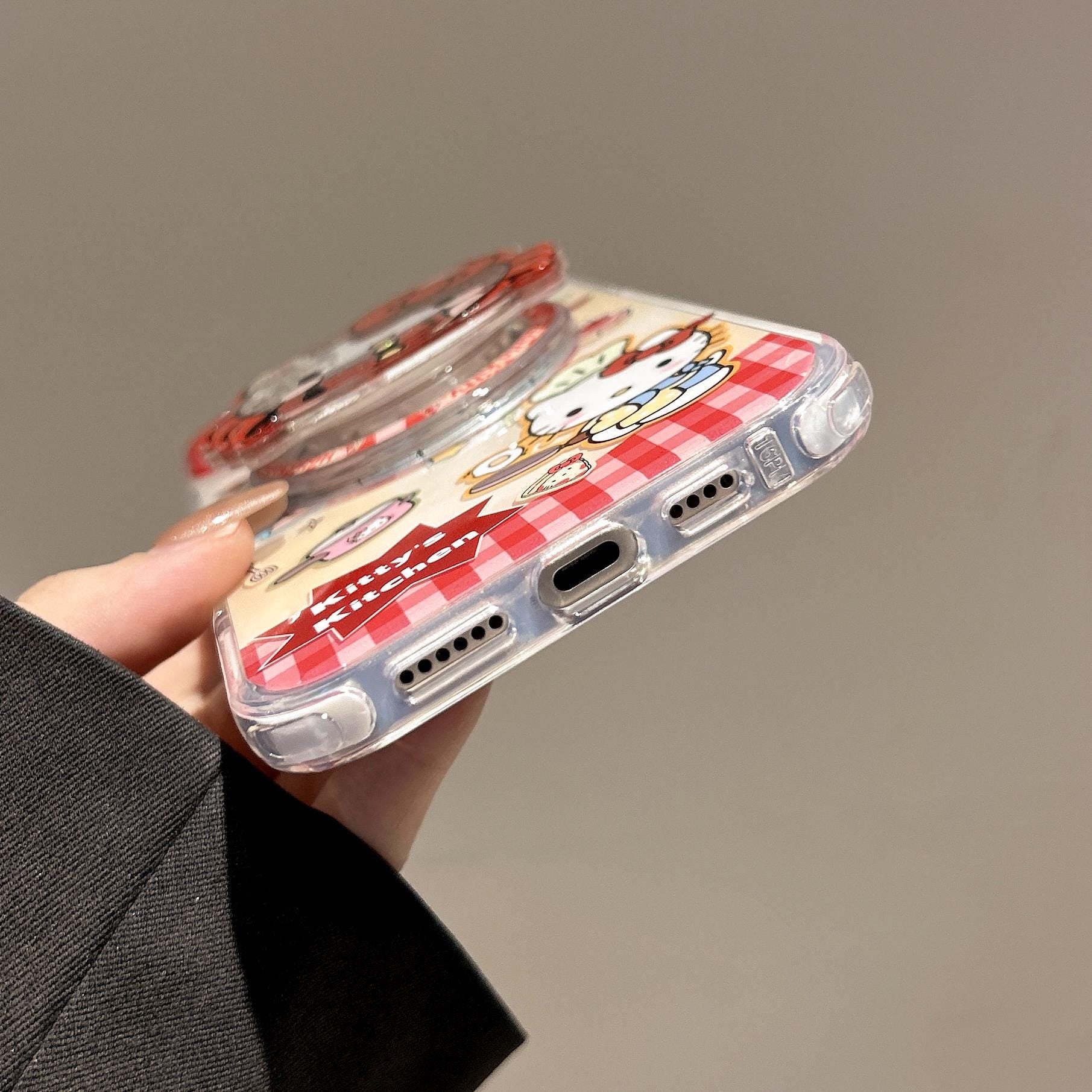 Hello Kitty Kitchen MagSafe Case iPhone 17 16 15 14 Pro Max Red Gingham Cover Magnetic Shaker Grip Beaded Charm Cute Sanrio Gift for Her