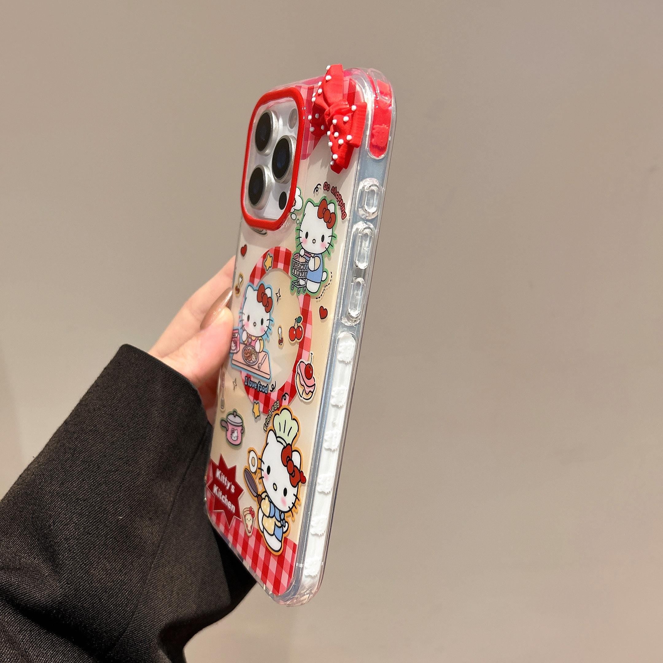 Hello Kitty Kitchen MagSafe Case iPhone 17 16 15 14 Pro Max Red Gingham Cover Magnetic Shaker Grip Beaded Charm Cute Sanrio Gift for Her