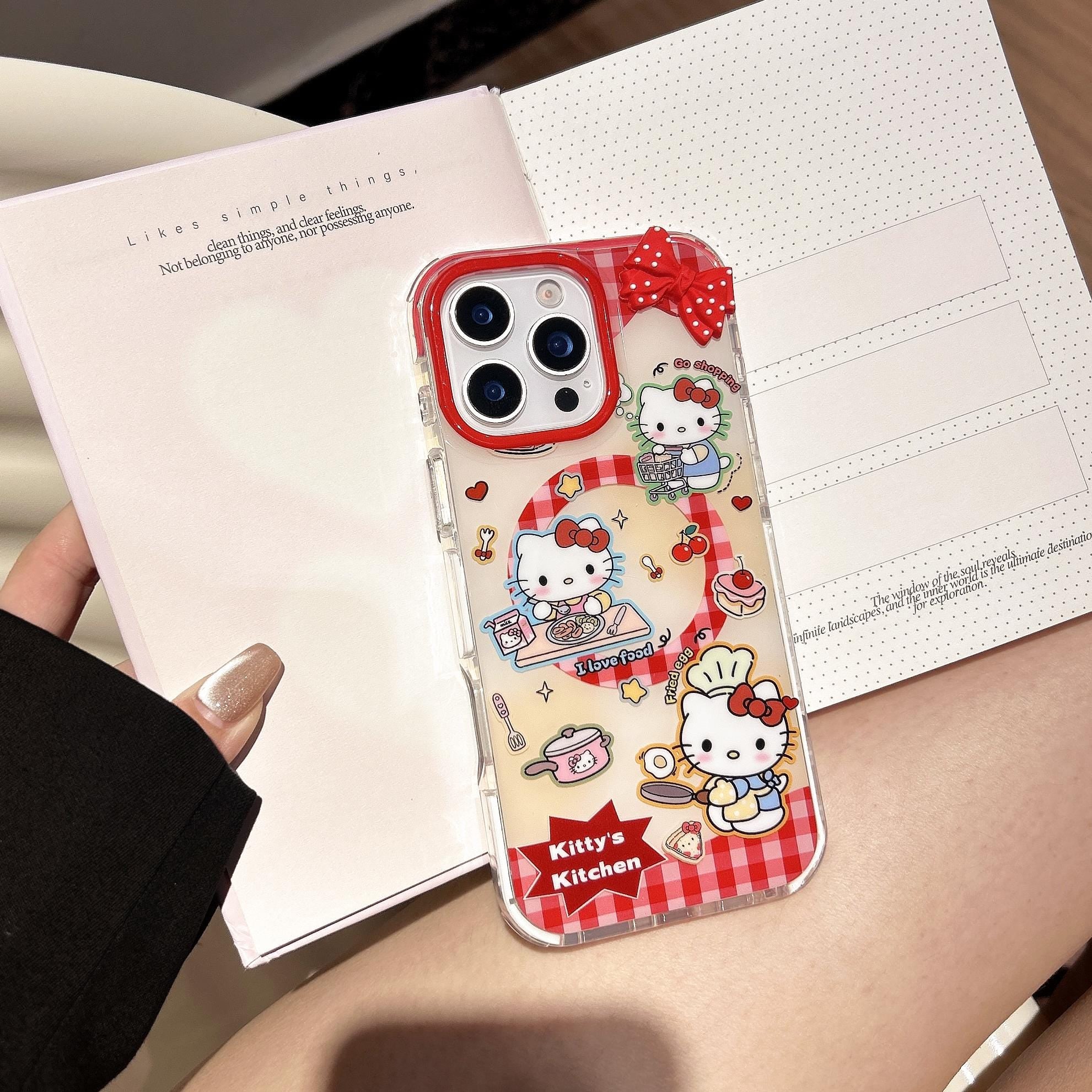 Hello Kitty Kitchen MagSafe Case iPhone 17 16 15 14 Pro Max Red Gingham Cover Magnetic Shaker Grip Beaded Charm Cute Sanrio Gift for Her