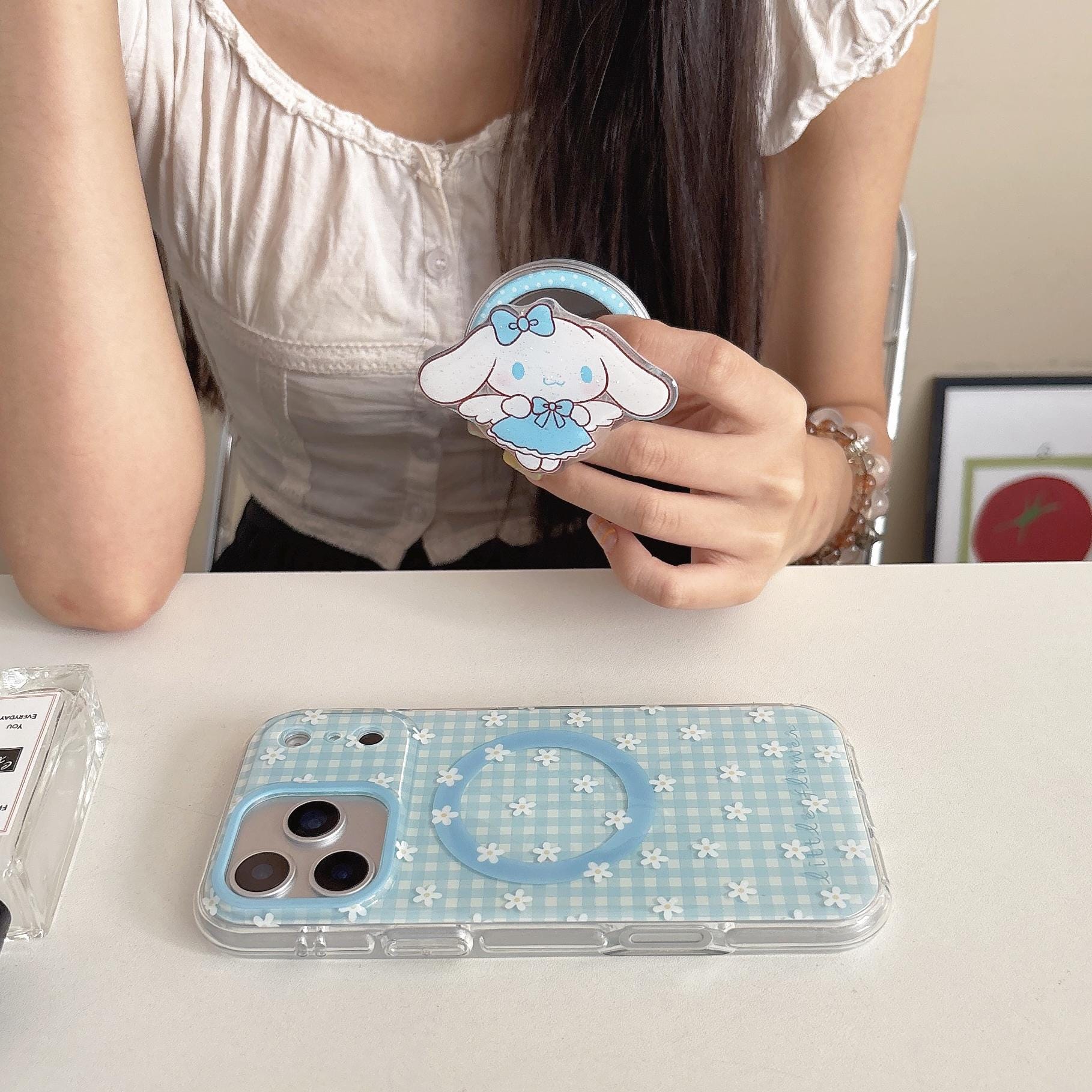 Cinnamoroll Angel MagSafe Case iPhone 17 16 15 14 Pro Max Blue Gingham Cover Cute Sanrio Flower Grip Pearl Charm Kawaii Coquette Gift