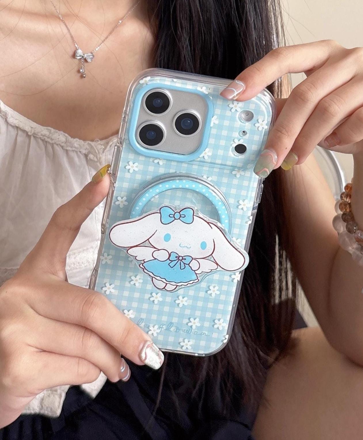 Cinnamoroll Angel MagSafe Case iPhone 17 16 15 14 Pro Max Blue Gingham Cover Cute Sanrio Flower Grip Pearl Charm Kawaii Coquette Gift