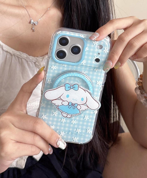 Cinnamoroll Angel MagSafe Case iPhone 17 16 15 14 Pro Max Blue Gingham Cover Cute Sanrio Flower Grip Pearl Charm Kawaii Coquette Gift
