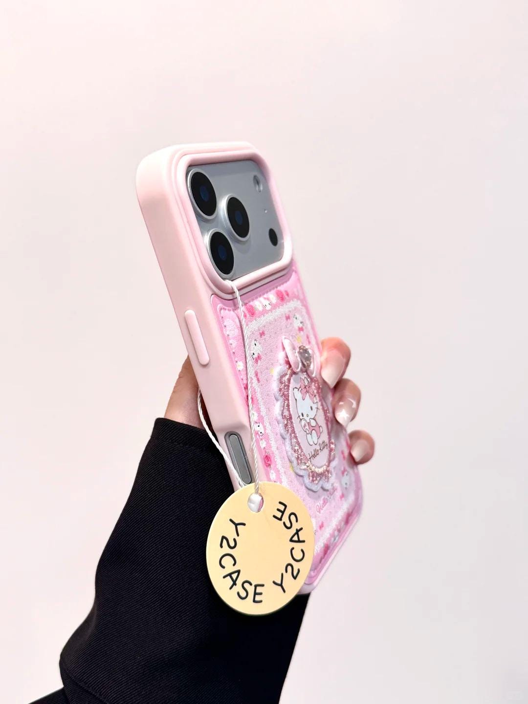 Hello Kitty Coquette Embroidery Case w/ Plush Heart Charm, Vintage Lace Cover iPhone 17 16 15 14 Pro Max, Hime Gyaru Pink Rococo Gift