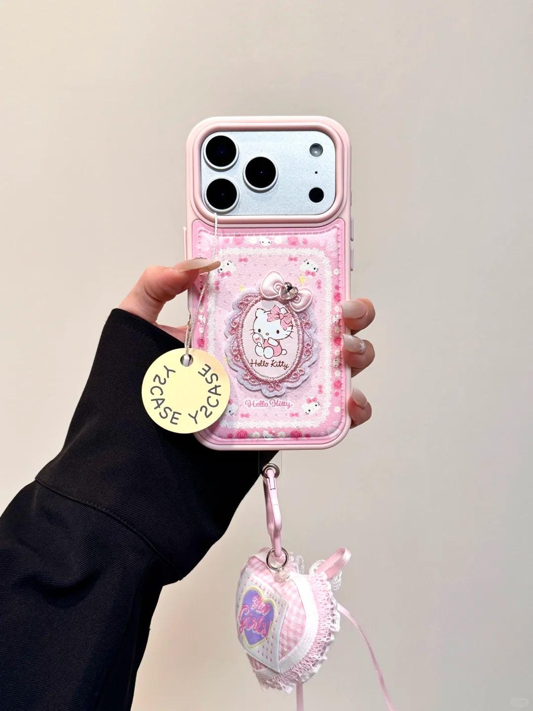 Hello Kitty Coquette Embroidery Case w/ Plush Heart Charm, Vintage Lace Cover iPhone 17 16 15 14 Pro Max, Hime Gyaru Pink Rococo Gift