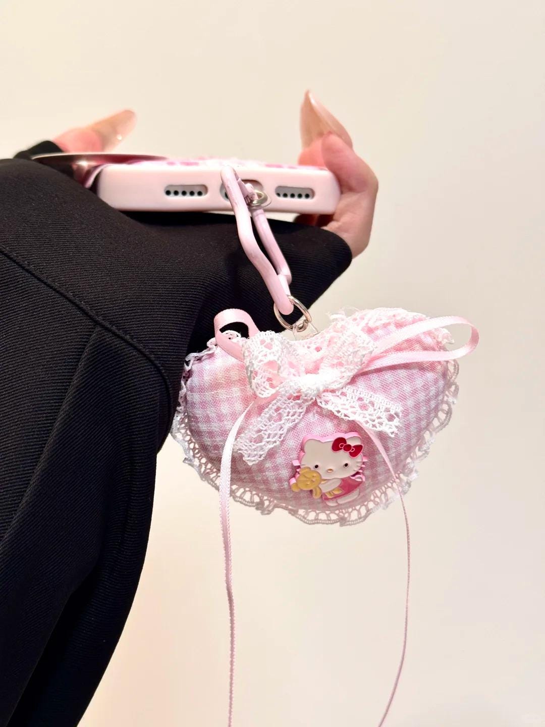 Hello Kitty Coquette Embroidery Case w/ Plush Heart Charm, Vintage Lace Cover iPhone 17 16 15 14 Pro Max, Hime Gyaru Pink Rococo Gift