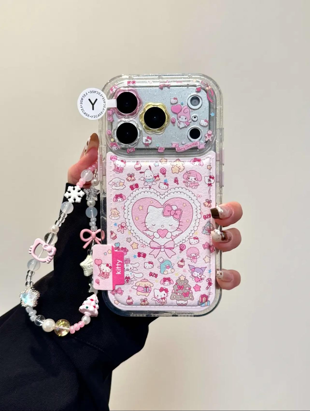 Hello Kitty Christmas Wallet Case with Charm, Pink Holiday Card Holder Cover iPhone 17 16 15 14 Pro Max, Cute Kawaii Sanrio Winter Gift