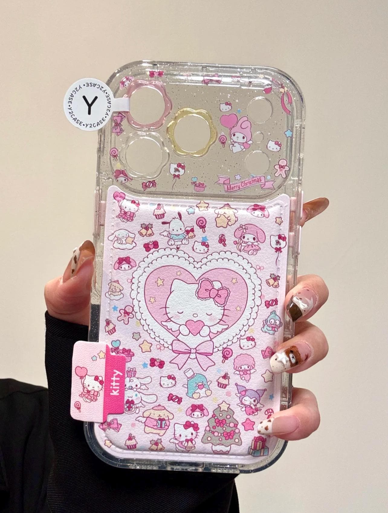 Hello Kitty Christmas Wallet Case with Charm, Pink Holiday Card Holder Cover iPhone 17 16 15 14 Pro Max, Cute Kawaii Sanrio Winter Gift