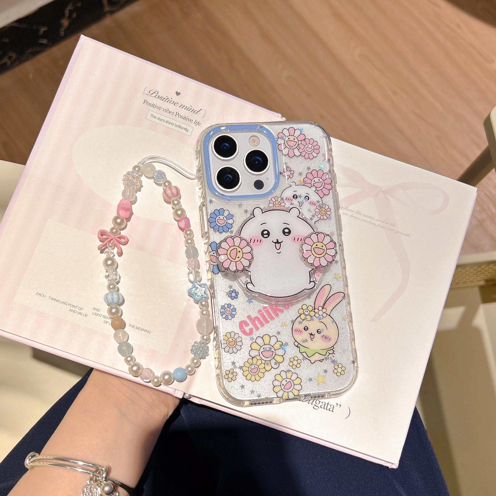 Chiikawa MagSafe Case iPhone 17 16 15 14 Pro Max Glitter Cover Usagi Anime Phone Grip Beaded Charm Cute Flower Kawaii Gift for Her