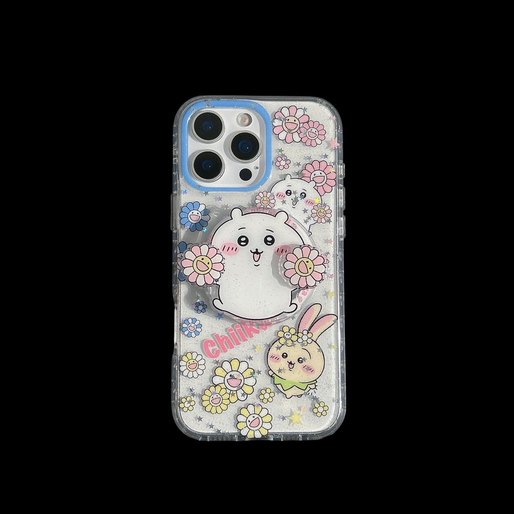 Chiikawa MagSafe Case iPhone 17 16 15 14 Pro Max Glitter Cover Usagi Anime Phone Grip Beaded Charm Cute Flower Kawaii Gift for Her