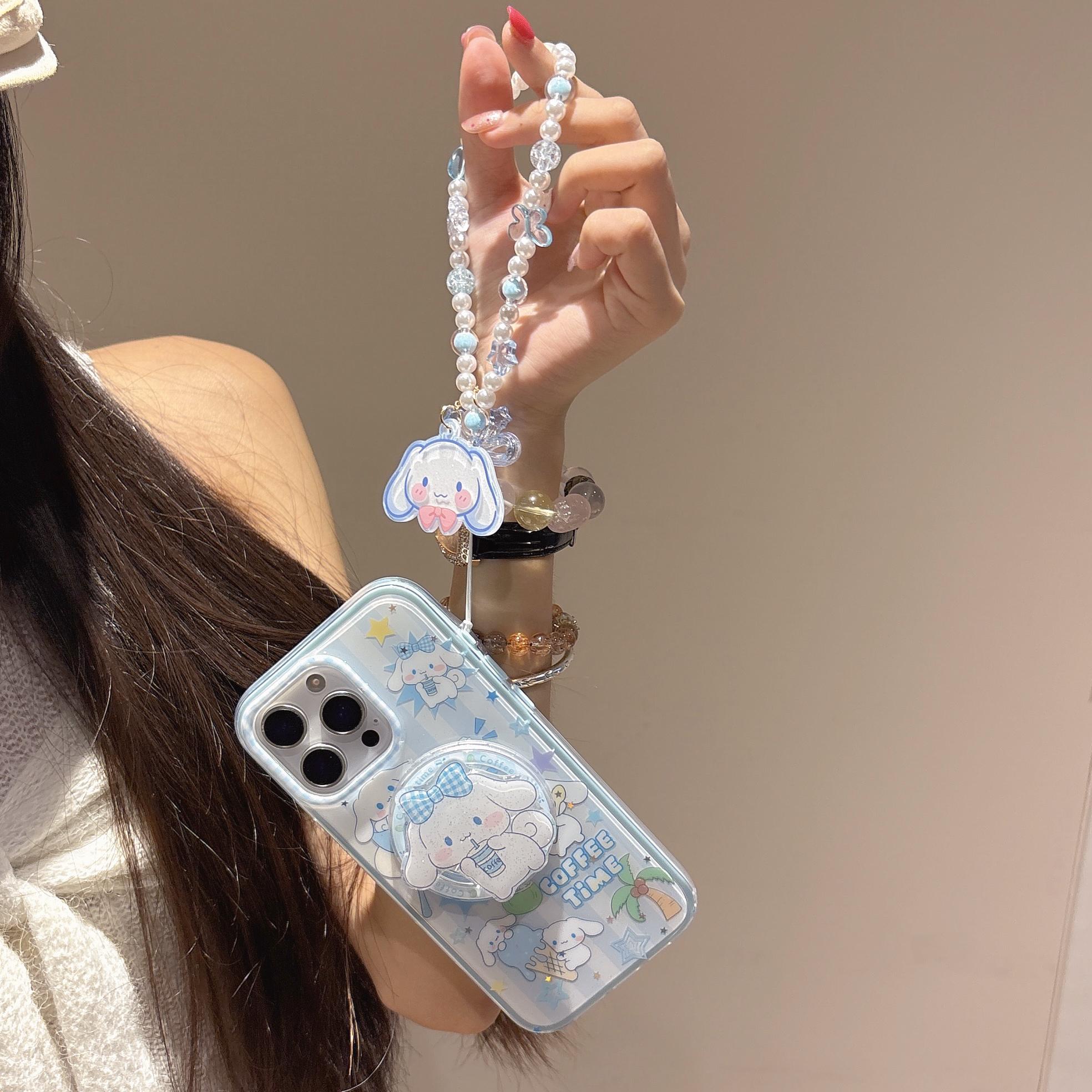 Cinnamoroll MagSafe Case iPhone 17 16 15 14 Pro Max Blue Gingham Cover Magnetic Grip Pearl Charm Kawaii Sanrio Anime Gift for Her