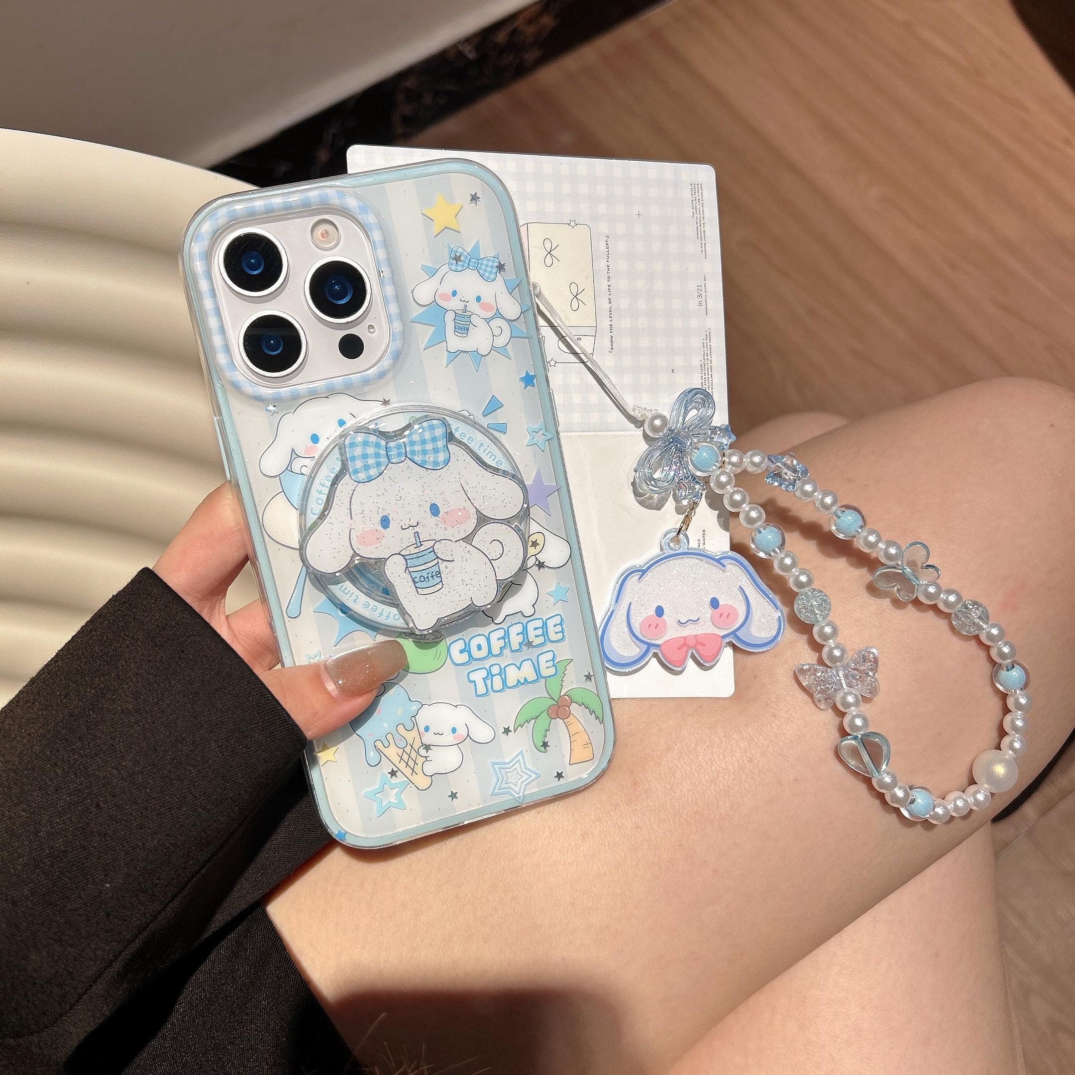 Cinnamoroll MagSafe Case iPhone 17 16 15 14 Pro Max Blue Gingham Cover Magnetic Grip Pearl Charm Kawaii Sanrio Anime Gift for Her