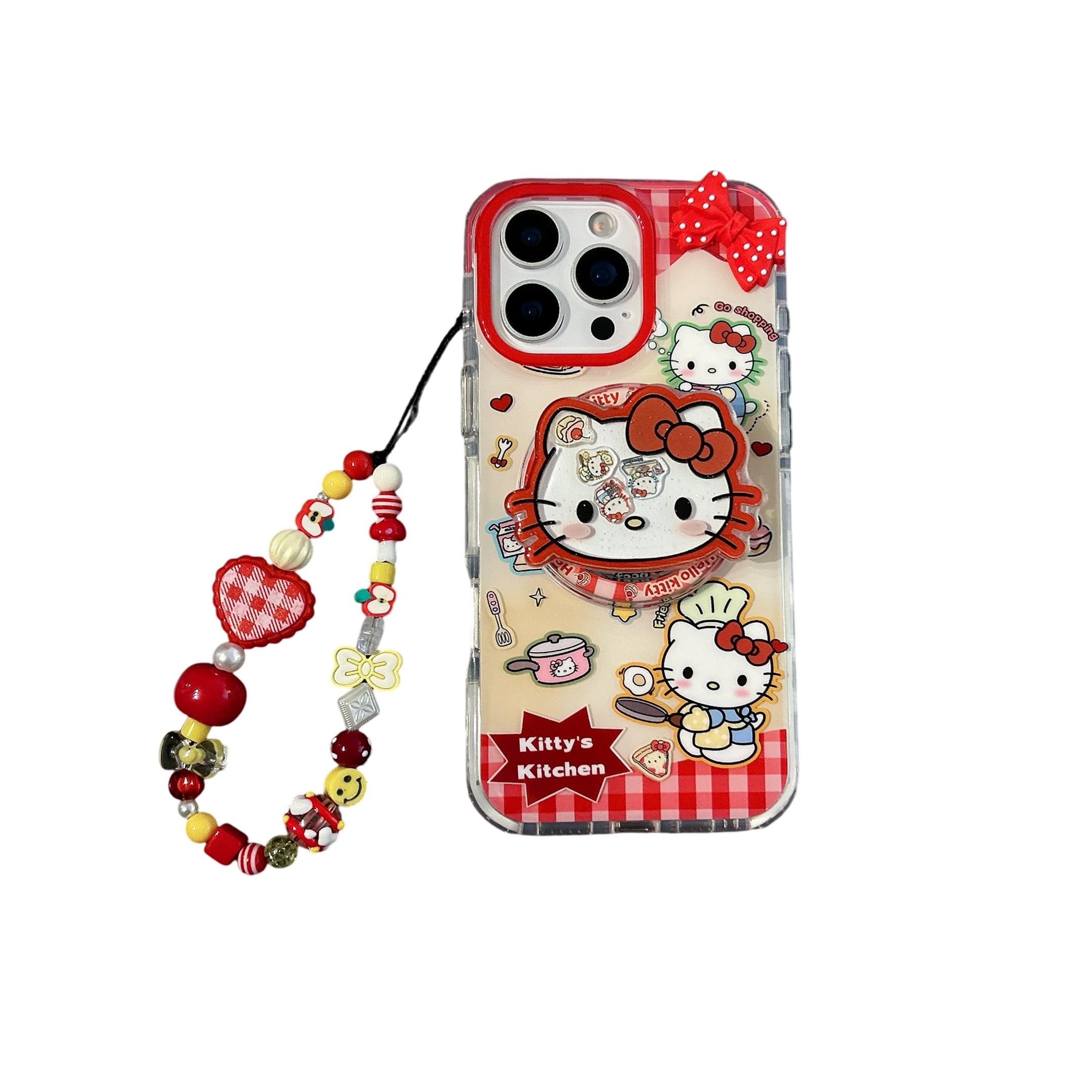 Hello Kitty Kitchen MagSafe Case iPhone 17 16 15 14 Pro Max Red Gingham Cover Magnetic Shaker Grip Beaded Charm Cute Sanrio Gift for Her
