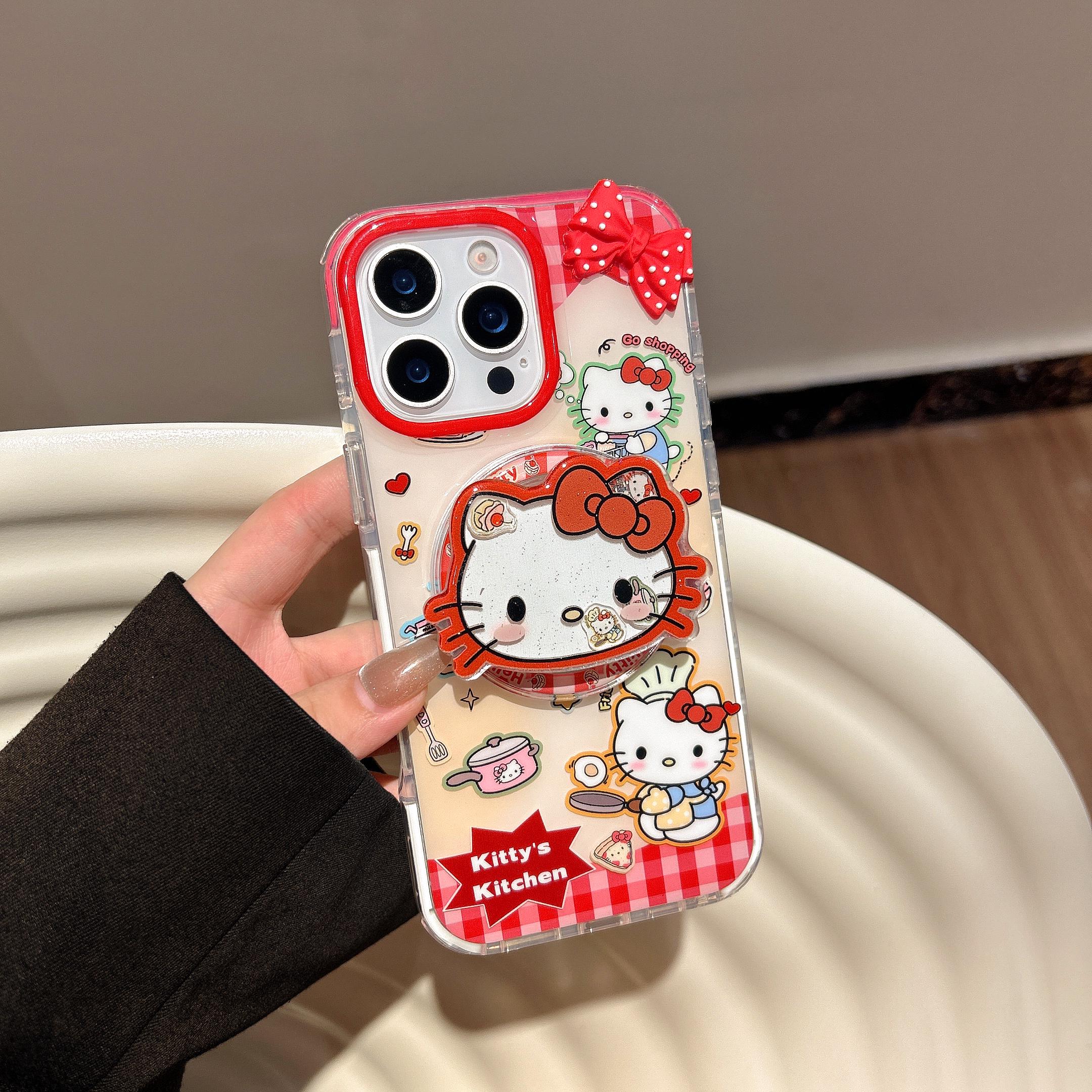 Hello Kitty Kitchen MagSafe Case iPhone 17 16 15 14 Pro Max Red Gingham Cover Magnetic Shaker Grip Beaded Charm Cute Sanrio Gift for Her