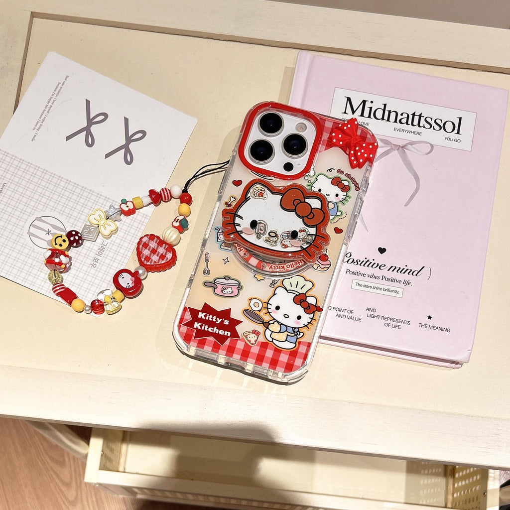 Hello Kitty Kitchen MagSafe Case iPhone 17 16 15 14 Pro Max Red Gingham Cover Magnetic Shaker Grip Beaded Charm Cute Sanrio Gift for Her