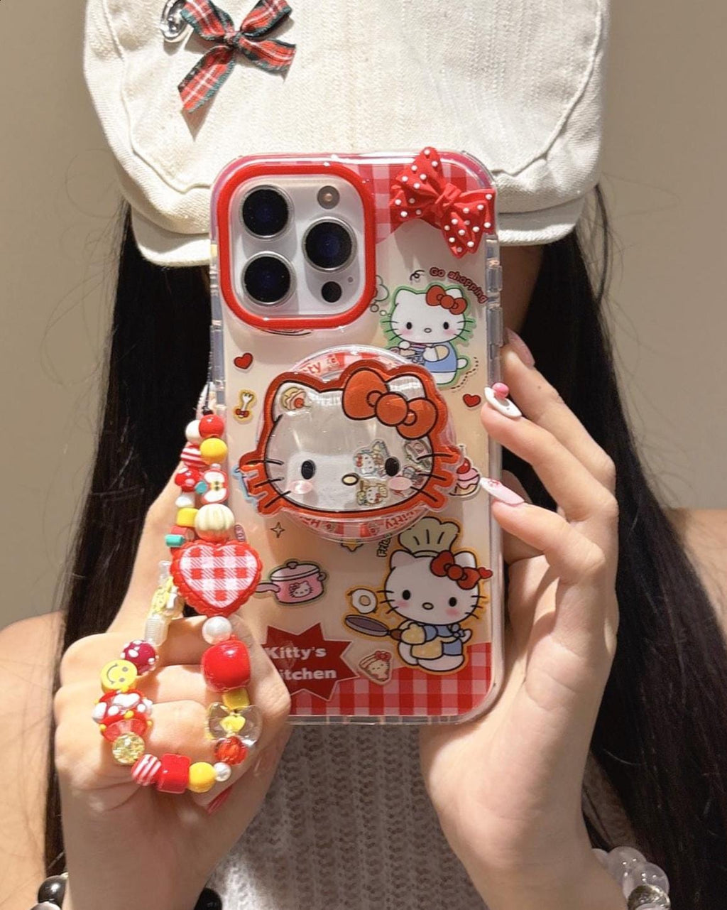 Hello Kitty Kitchen MagSafe Case iPhone 17 16 15 14 Pro Max Red Gingham Cover Magnetic Shaker Grip Beaded Charm Cute Sanrio Gift for Her