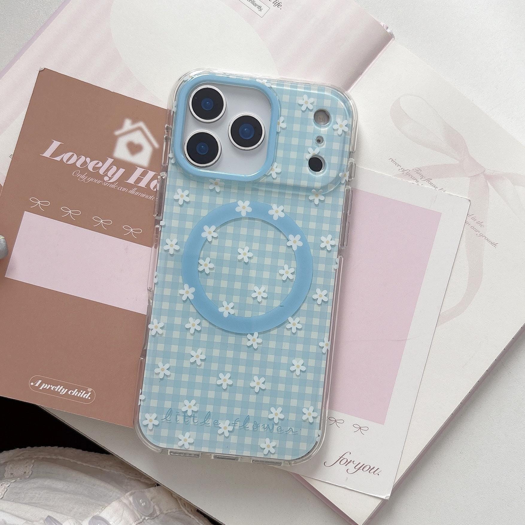 Cinnamoroll Angel MagSafe Case iPhone 17 16 15 14 Pro Max Blue Gingham Cover Cute Sanrio Flower Grip Pearl Charm Kawaii Coquette Gift