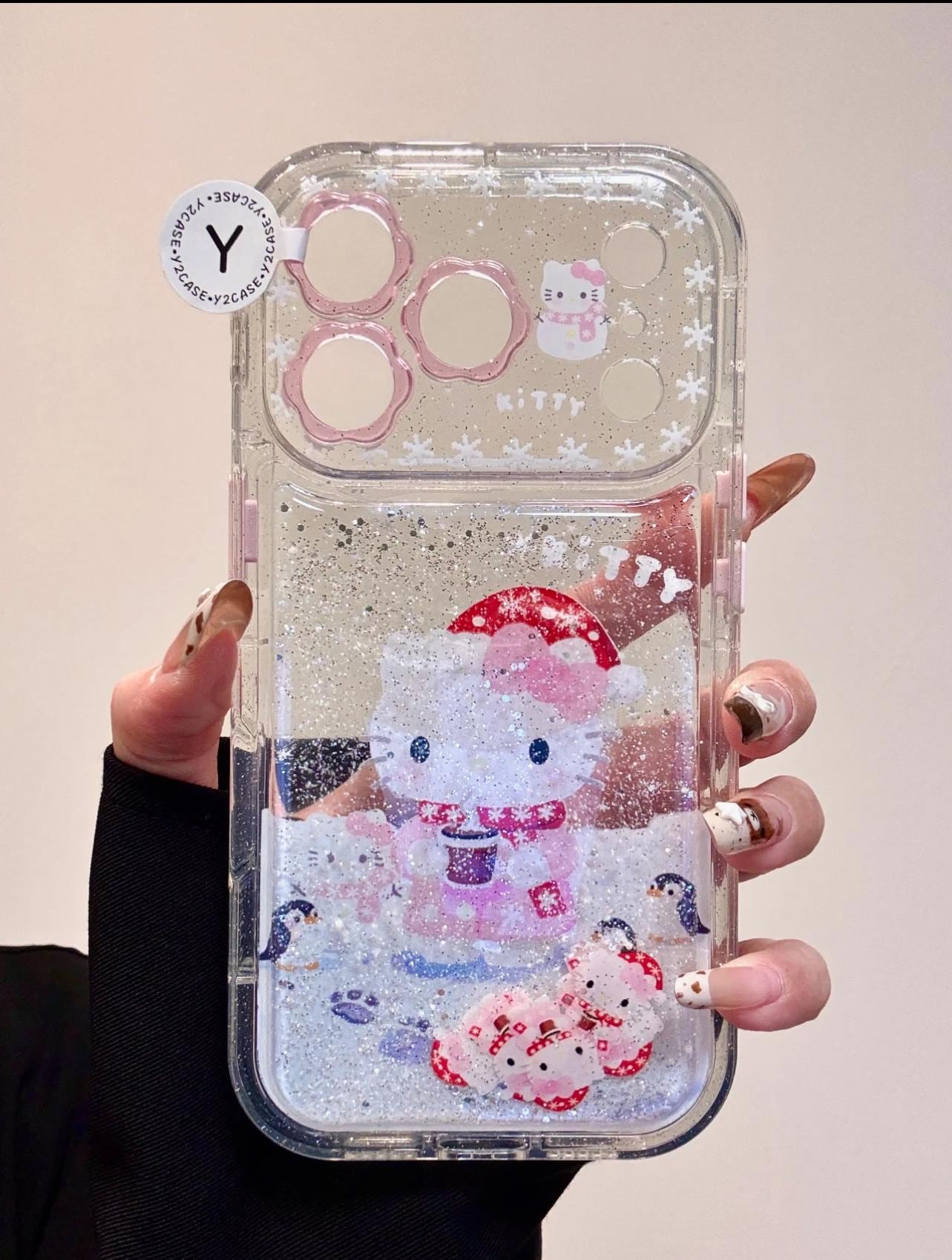 Hello Kitty Christmas Liquid Glitter Case iPhone 17 16 15 14 13 Pro Max, Winter Snow Quicksand Cover & Charm, Kawaii Holiday Gift for Her