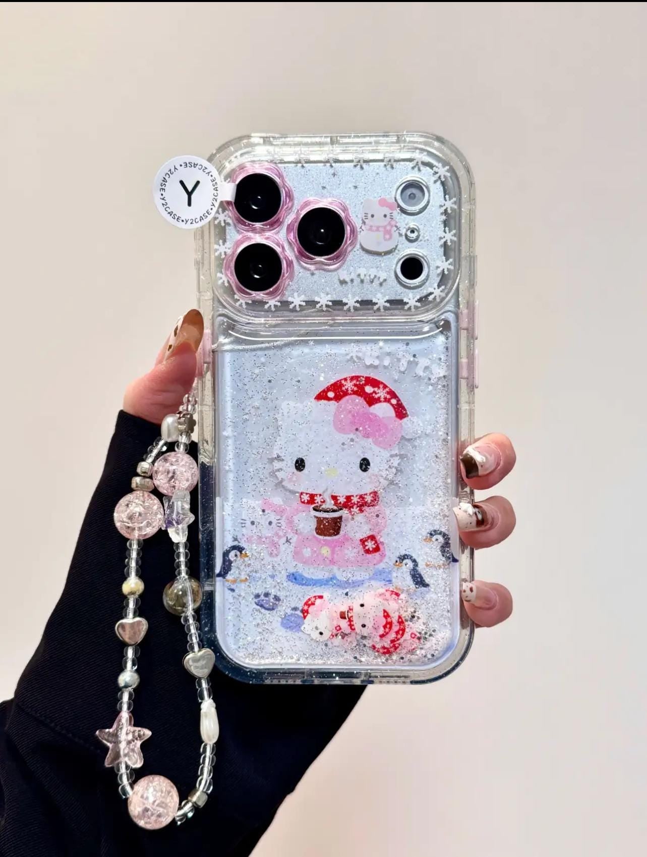 Hello Kitty Christmas Liquid Glitter Case iPhone 17 16 15 14 13 Pro Max, Winter Snow Quicksand Cover & Charm, Kawaii Holiday Gift for Her