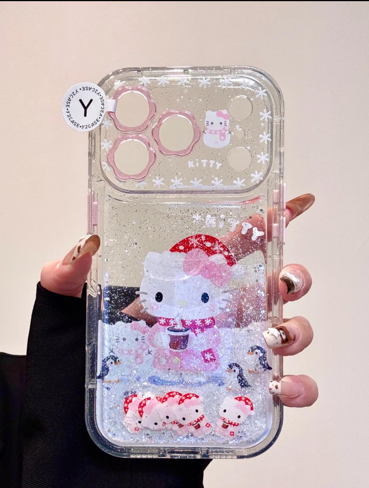 Hello Kitty Christmas Liquid Glitter Case iPhone 17 16 15 14 13 Pro Max, Winter Snow Quicksand Cover & Charm, Kawaii Holiday Gift for Her