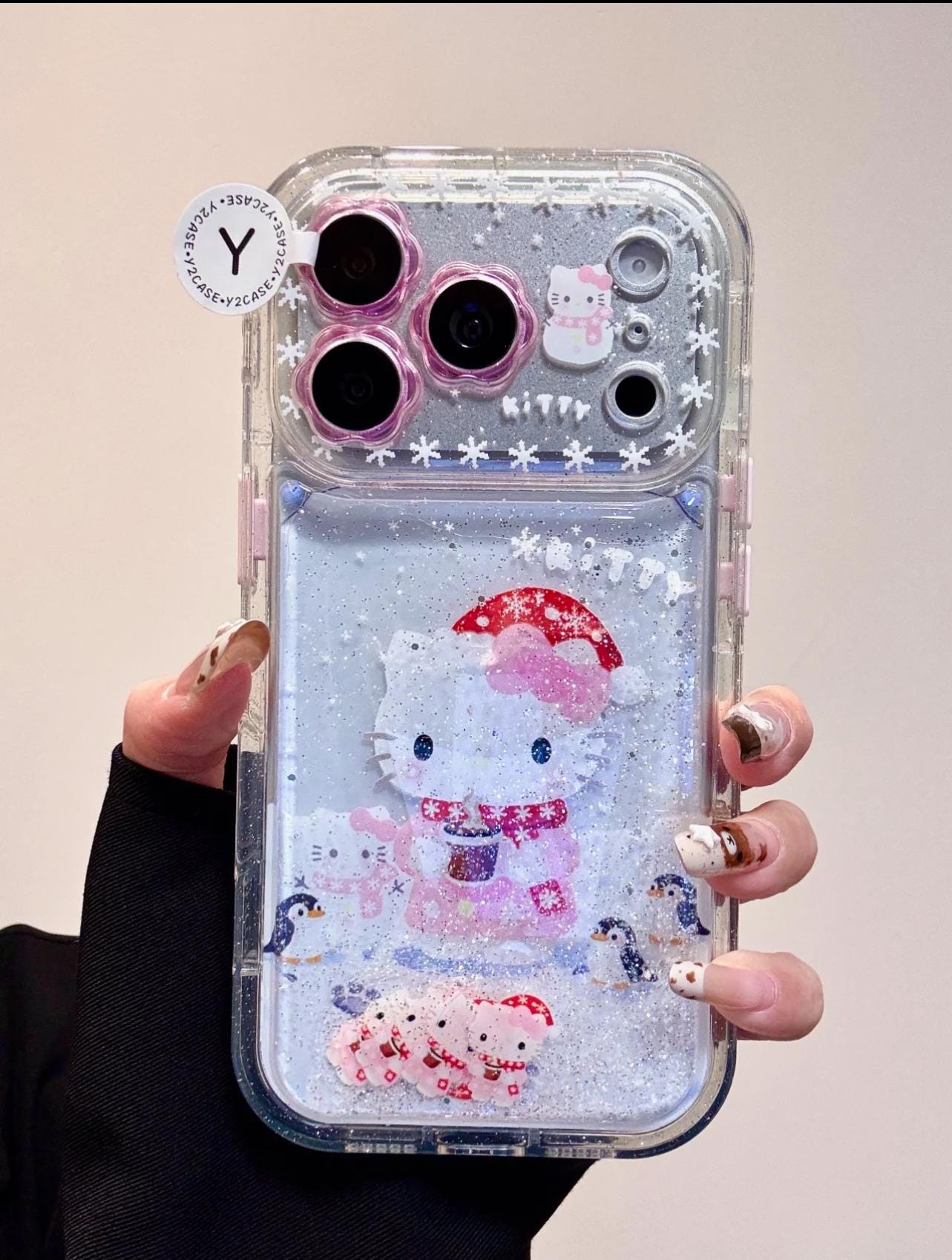 Hello Kitty Christmas Liquid Glitter Case iPhone 17 16 15 14 13 Pro Max, Winter Snow Quicksand Cover & Charm, Kawaii Holiday Gift for Her