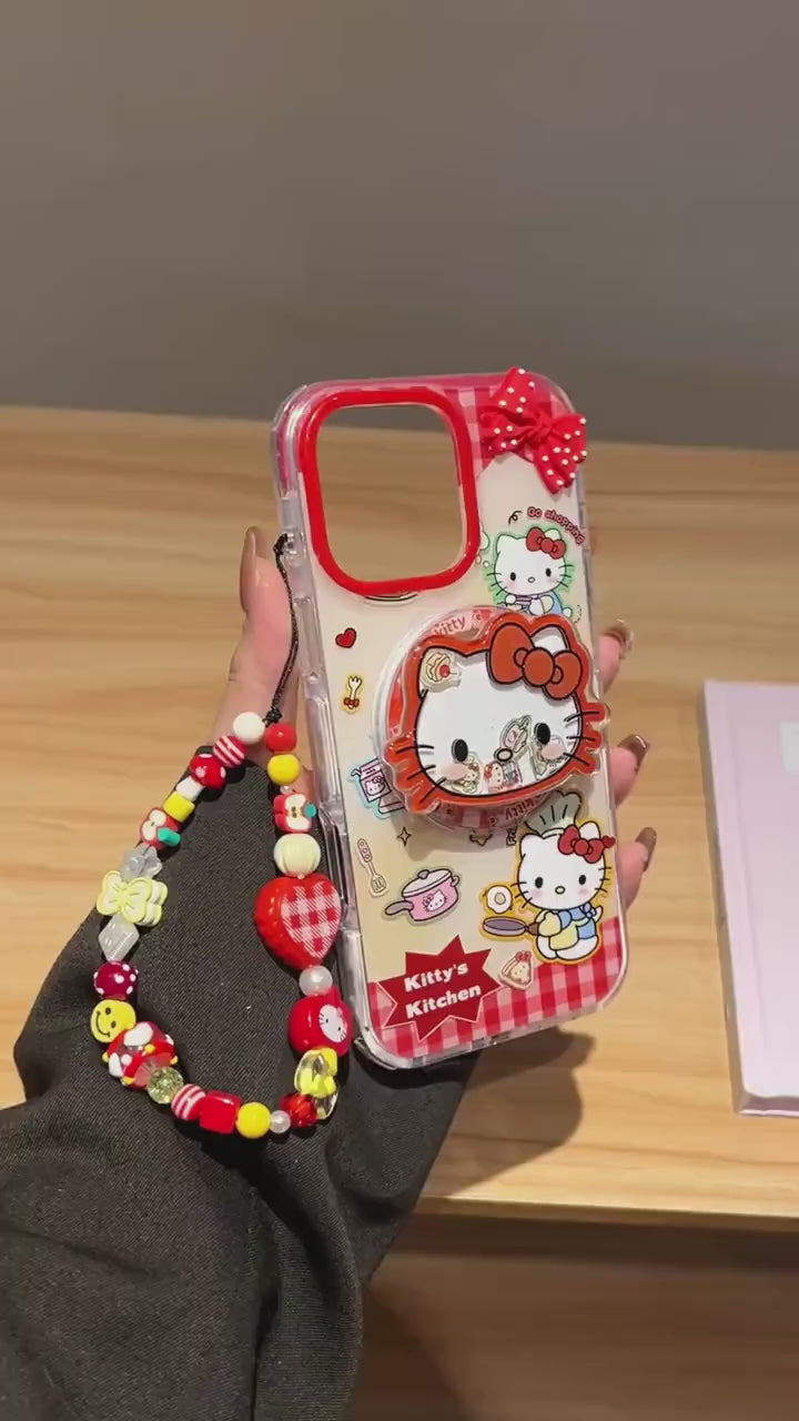 Hello Kitty Kitchen MagSafe Case iPhone 17 16 15 14 Pro Max Red Gingham Cover Magnetic Shaker Grip Beaded Charm Cute Sanrio Gift for Her