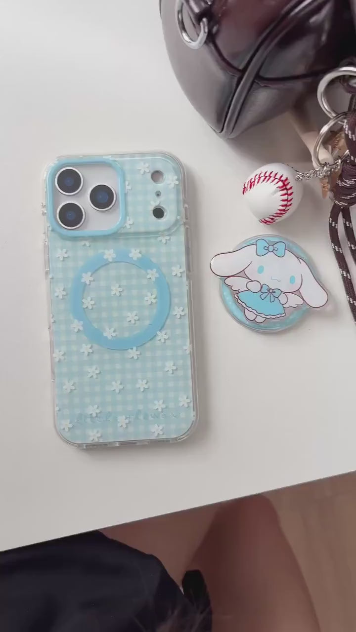 Cinnamoroll Angel MagSafe Case iPhone 17 16 15 14 Pro Max Blue Gingham Cover Cute Sanrio Flower Grip Pearl Charm Kawaii Coquette Gift