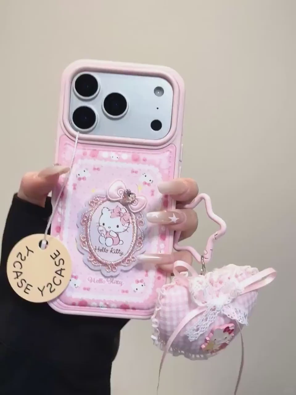 Hello Kitty Coquette Embroidery Case w/ Plush Heart Charm, Vintage Lace Cover iPhone 17 16 15 14 Pro Max, Hime Gyaru Pink Rococo Gift