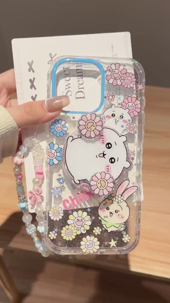 Chiikawa MagSafe Case iPhone 17 16 15 14 Pro Max Glitter Cover Usagi Anime Phone Grip Beaded Charm Cute Flower Kawaii Gift for Her