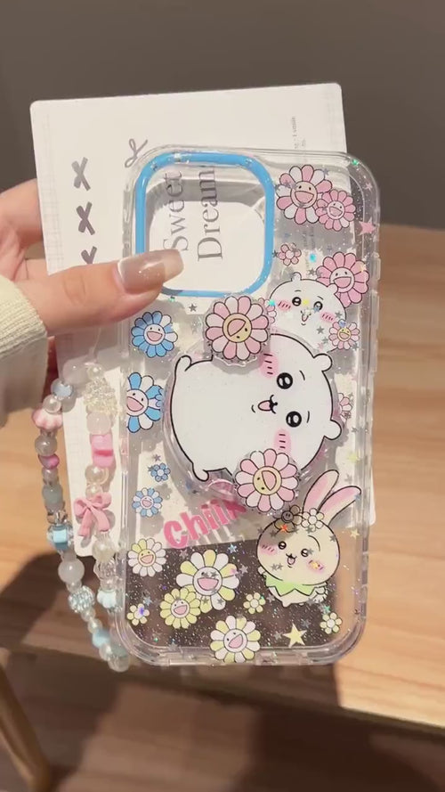 Chiikawa MagSafe Case iPhone 17 16 15 14 Pro Max Glitter Cover Usagi Anime Phone Grip Beaded Charm Cute Flower Kawaii Gift for Her