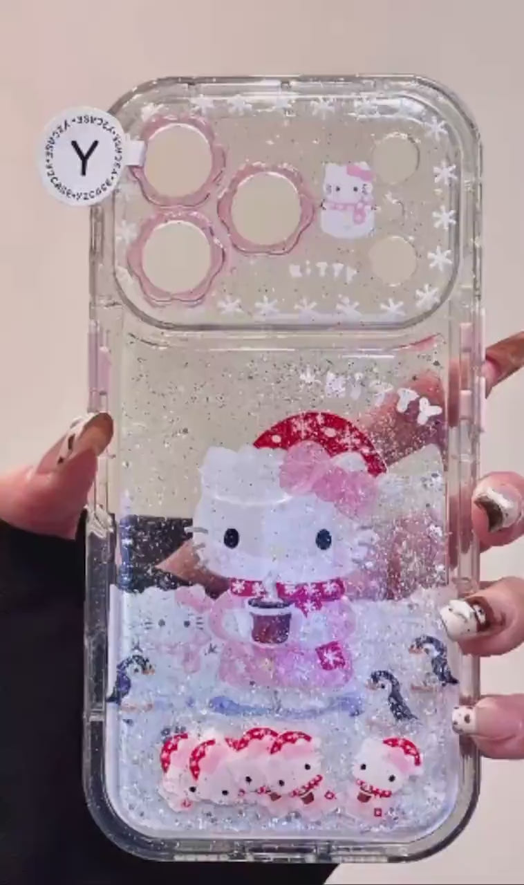 Hello Kitty Christmas Liquid Glitter Case iPhone 17 16 15 14 13 Pro Max, Winter Snow Quicksand Cover & Charm, Kawaii Holiday Gift for Her